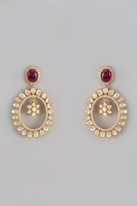 Shop Karisa Designs Red Cut Work, Crystals, Diamonds Moissanite Chaand Taara Earrings at Aza Fashions Shop_Karisa Designs_Red Cut Work, Crystals, Diamonds Moissanite Chaand Taara Earrings _at_Aza_Fashions