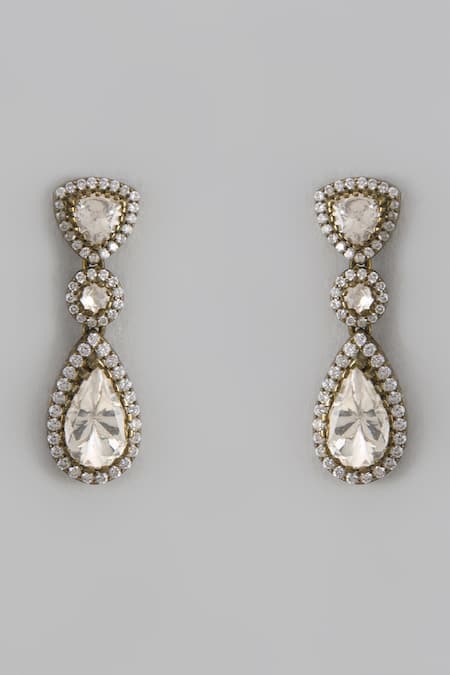 Shop Karisa Designs Black Crystals, Diamonds Victorian Moissanite Polki Drop Earrings at Aza Fashions Shop_Karisa Designs_Black Crystals, Diamonds Victorian Moissanite Polki Drop Earrings _at_Aza_Fashions