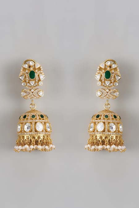 Shop Karisa Designs White Pearls, Semi Precious Stone, Cubic Meera Embellished Jhumka Earrings at Aza Fashions Shop_Karisa Designs_White Pearls, Semi Precious Stone, Cubic Meera Embellished Jhumka Earrings _at_Aza_Fashions