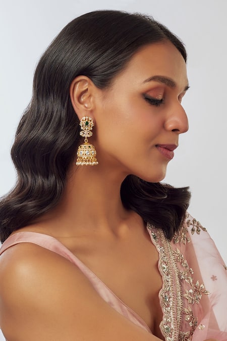 Karisa Designs White Pearls, Semi Precious Stone, Cubic Meera Embellished Jhumka Earrings 