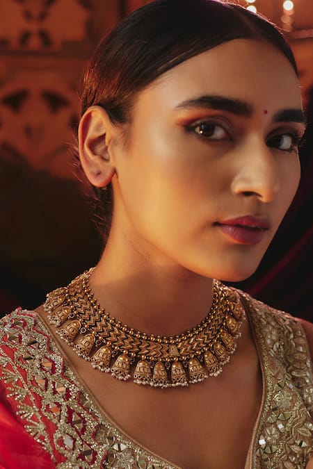 Karisa Designs Red Pearls, Moissanite Polkis Indrani Geometric Carved Necklace