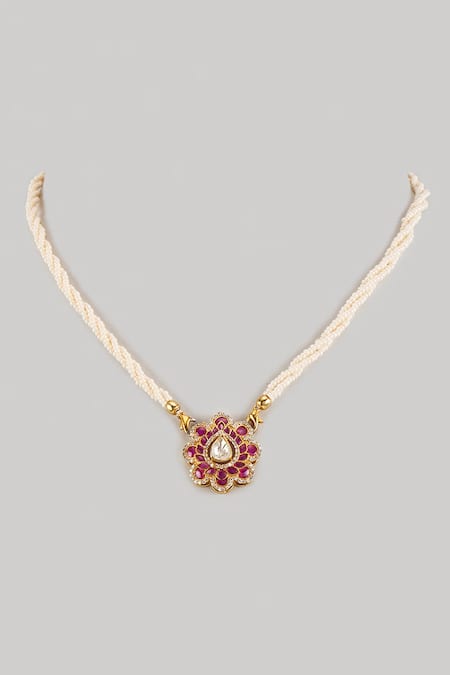 Karisa Designs Red Kundan Embellished Flower Pendant Necklace