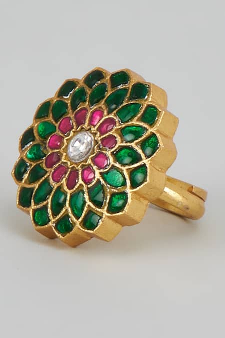 Shop Karisa Designs Green Kundan Embellished Floral Ring at Aza Fashions Shop_Karisa Designs_Green Kundan Embellished Floral Ring _at_Aza_Fashions