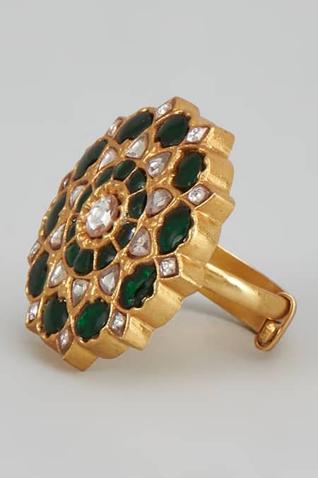 Shop Karisa Designs Green Mirrors, Stones Gold Finish Moissanite Polki Ring at Aza Fashions Shop_Karisa Designs_Green Mirrors, Stones Gold Finish Moissanite Polki Ring _at_Aza_Fashions