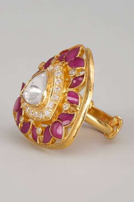 Karisa Designs_Red Crystals, Stones Moissanite Polki Embellished Designer Ring _Online_at_Aza_Fashions