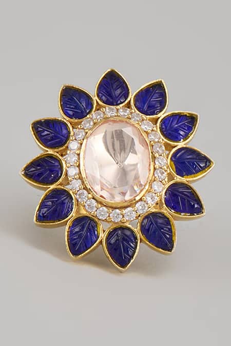 Shop Karisa Designs Blue Metallic Thread, Stones Gold Moissanite Polki Embellished Ring at Aza Fashions Shop_Karisa Designs_Blue Metallic Thread, Stones Gold Moissanite Polki Embellished Ring _at_Aza_Fashions