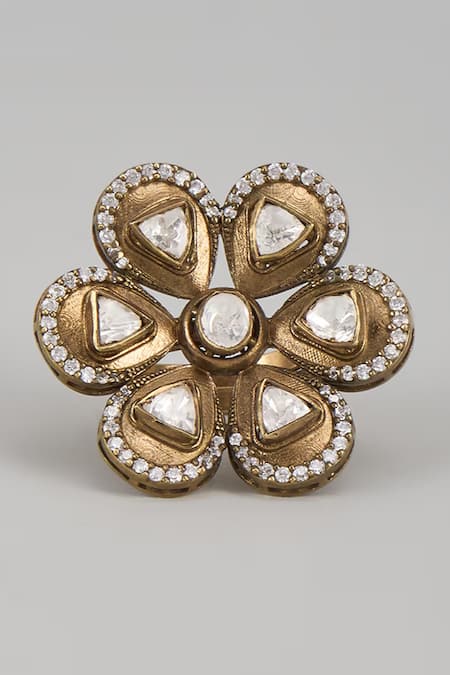 Shop Karisa Designs White Cubic Zirconia, Moissanite Marisa Victorian Floral Embellished Ring at Aza Fashions Shop_Karisa Designs_White Cubic Zirconia, Moissanite Marisa Victorian Floral Embellished Ring _at_Aza_Fashions