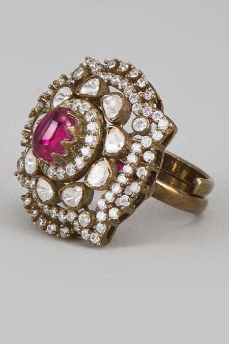 Karisa Designs_Red Semi Precious Stone, Moissanite Polki Raani Victorian Embellished Ring _Online_at_Aza_Fashions