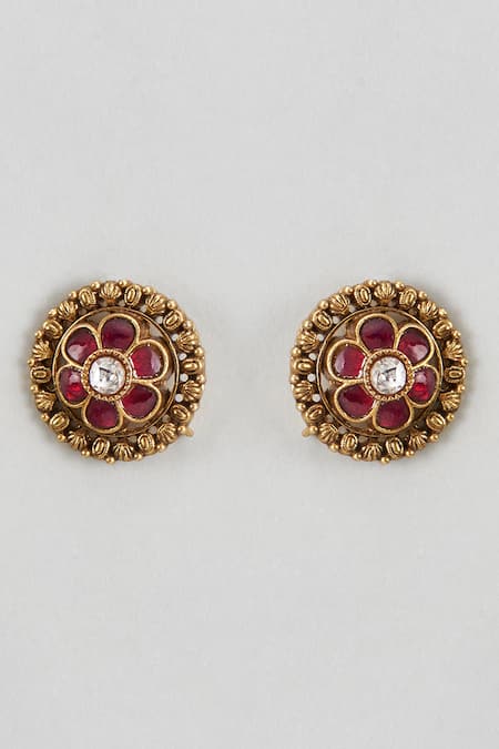 Karisa Designs Red Kundan, Semi Precious Stones Poorna And Embellished Studs 