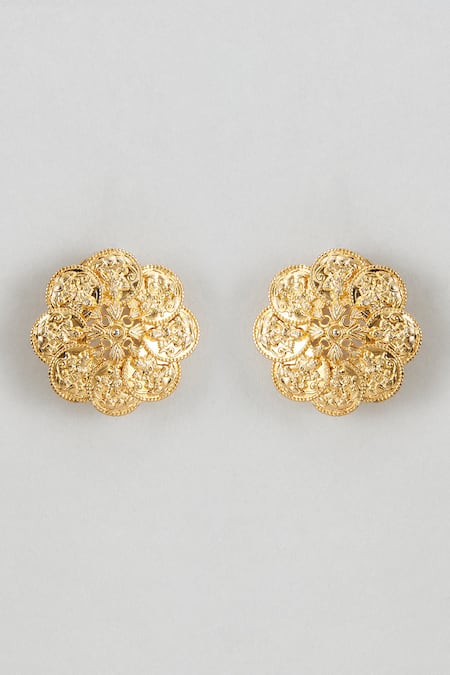 Shop Karisa Designs Gold Plated Nakash Floral Carved Stud Earrings at Aza Fashions Shop_Karisa Designs_Gold Plated Nakash Floral Carved Stud Earrings _at_Aza_Fashions