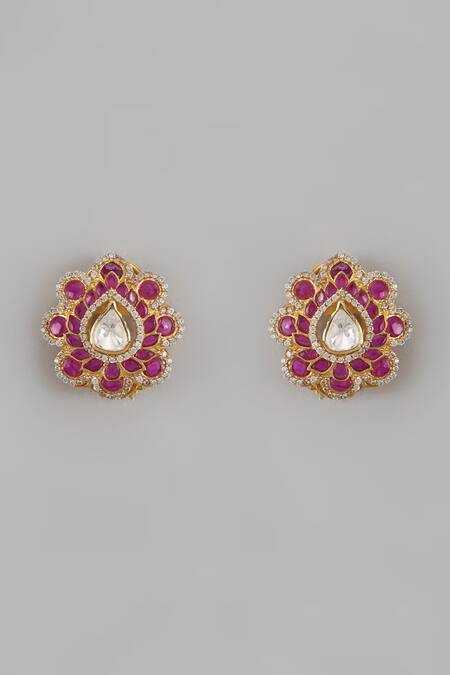 Shop Karisa Designs Red Semi Precious Stone, Cubic Zirconia, Moissanite Ekta Embellished Studs at Aza Fashions Shop_Karisa Designs_Red Semi Precious Stone, Cubic Zirconia, Moissanite Ekta Embellished Studs _at_Aza_Fashions