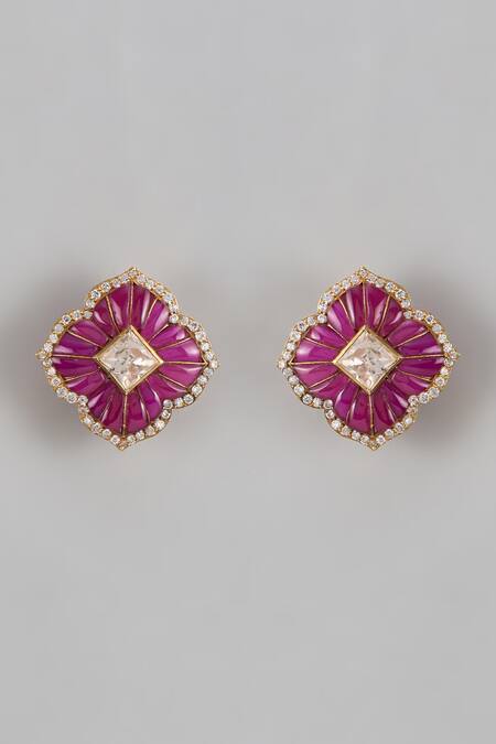 Shop Karisa Designs Red Crystals, Stones Moissanite Floral Stud Earrings at Aza Fashions Shop_Karisa Designs_Red Crystals, Stones Moissanite Floral Stud Earrings _at_Aza_Fashions