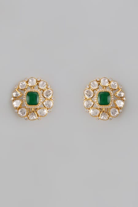 Shop Karisa Designs Green Crystals, Stones Floral Moissanite Embellished Stud Earrings at Aza Fashions Shop_Karisa Designs_Green Crystals, Stones Floral Moissanite Embellished Stud Earrings _at_Aza_Fashions