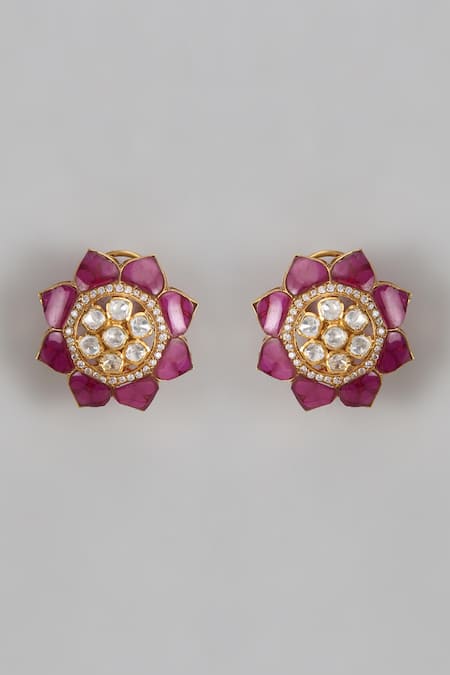 Shop Karisa Designs Red Cubic Zirconia, Semi Precious Stones, Moissanite Fulia Embellished Studs at Aza Fashions Shop_Karisa Designs_Red Cubic Zirconia, Semi Precious Stones, Moissanite Fulia Embellished Studs _at_Aza_Fashions