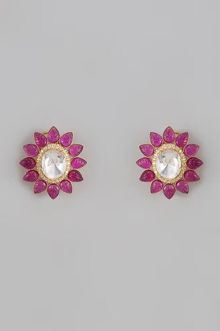 Shop Karisa Designs Red Crystals, Stones Moissanite Floral Stud Earrings at Aza Fashions Shop_Karisa Designs_Red Crystals, Stones Moissanite Floral Stud Earrings _at_Aza_Fashions