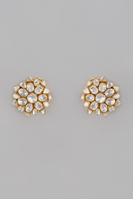 Shop Karisa Designs White Cut Work, Crystals Floral Moissanite Stud Earrings at Aza Fashions Shop_Karisa Designs_White Cut Work, Crystals Floral Moissanite Stud Earrings _at_Aza_Fashions