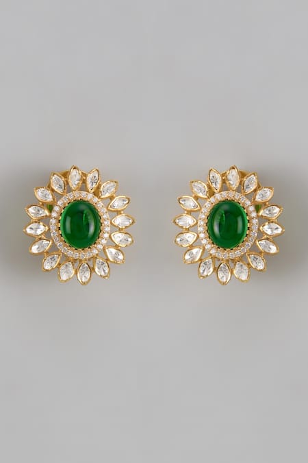 Shop Karisa Designs Green Crystals, Beads Moissanite Polki Stud Earrings at Aza Fashions Shop_Karisa Designs_Green Crystals, Beads Moissanite Polki Stud Earrings _at_Aza_Fashions