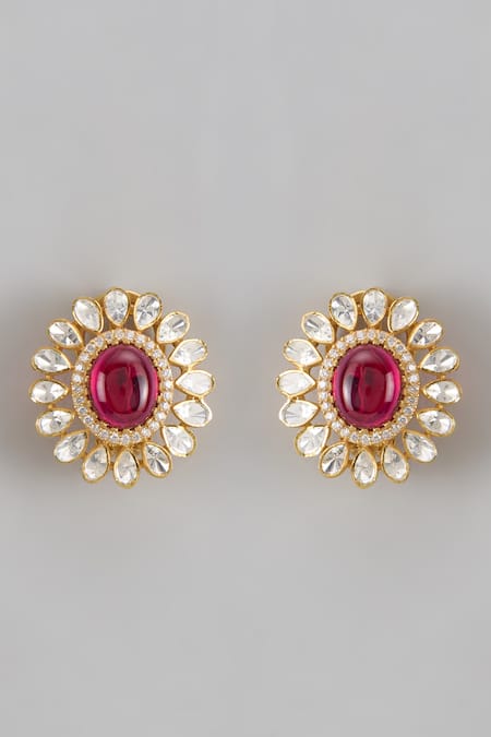 Shop Karisa Designs Red Cubic Zirconia, Semi Precious Beads, Moissanite Shinoy Embellished Studs at Aza Fashions Shop_Karisa Designs_Red Cubic Zirconia, Semi Precious Beads, Moissanite Shinoy Embellished Studs _at_Aza_Fashions