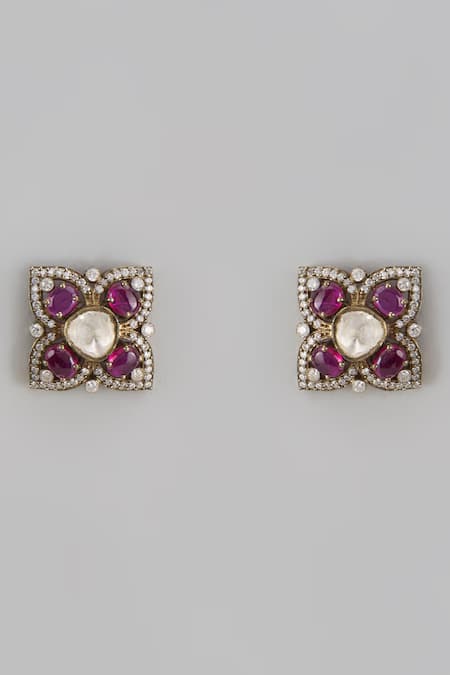 Shop Karisa Designs Red Cubic Zirconia, Semi Precious Stones, Nuri Victorian Embellished Studs at Aza Fashions Shop_Karisa Designs_Red Cubic Zirconia, Semi Precious Stones, Nuri Victorian Embellished Studs _at_Aza_Fashions