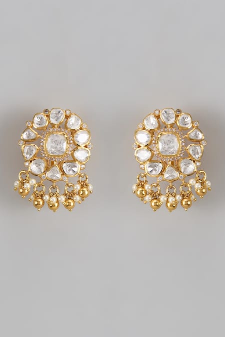 Shop Karisa Designs White Pearls, Cut Work, Crystals Moissanite And Stud Earrings at Aza Fashions Shop_Karisa Designs_White Pearls, Cut Work, Crystals Moissanite And Stud Earrings _at_Aza_Fashions