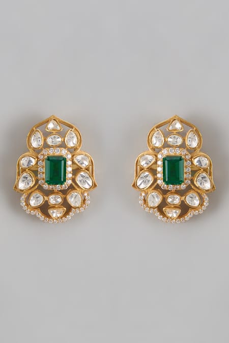 Shop Karisa Designs Green Crystals, Beads Moissanite Polki Embellished Studs at Aza Fashions Shop_Karisa Designs_Green Crystals, Beads Moissanite Polki Embellished Studs _at_Aza_Fashions