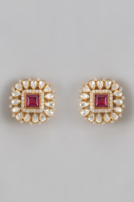 Shop Karisa Designs Red Cubic Zirconia, Semi Precious Beads, Moissanite Jiya Embellished Studs at Aza Fashions Shop_Karisa Designs_Red Cubic Zirconia, Semi Precious Beads, Moissanite Jiya Embellished Studs _at_Aza_Fashions