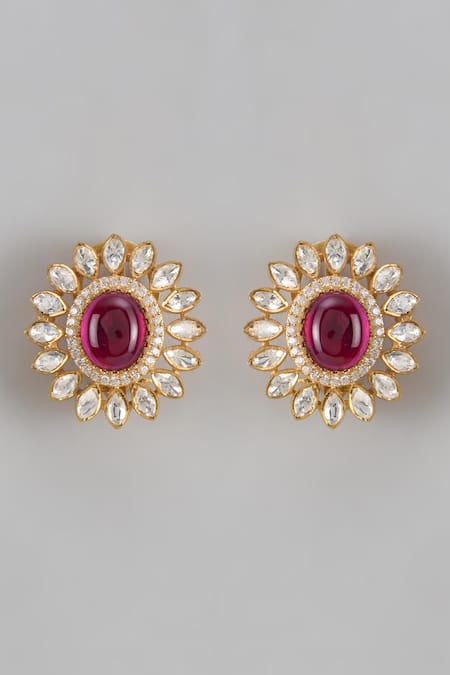 Shop Karisa Designs Red Crystals, Beads Floral Moissanite Stud Earrings at Aza Fashions Shop_Karisa Designs_Red Crystals, Beads Floral Moissanite Stud Earrings _at_Aza_Fashions