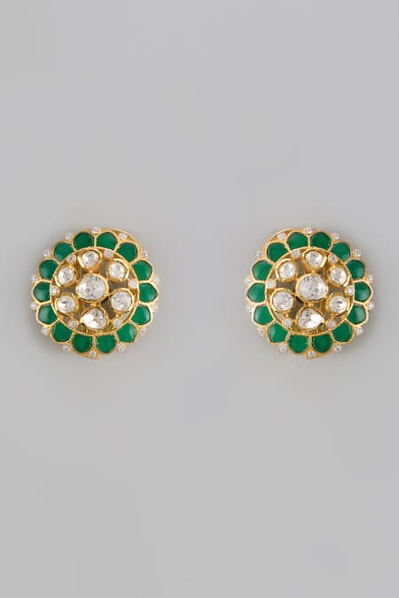 Shop Karisa Designs Green Crystals, Cut Work Moissanite Floral Motif Stud Earrings at Aza Fashions Shop_Karisa Designs_Green Crystals, Cut Work Moissanite Floral Motif Stud Earrings _at_Aza_Fashions
