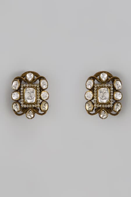 Shop Karisa Designs White Crystals, Diamonds Moissanite Floral Stud Earrings at Aza Fashions Shop_Karisa Designs_White Crystals, Diamonds Moissanite Floral Stud Earrings _at_Aza_Fashions
