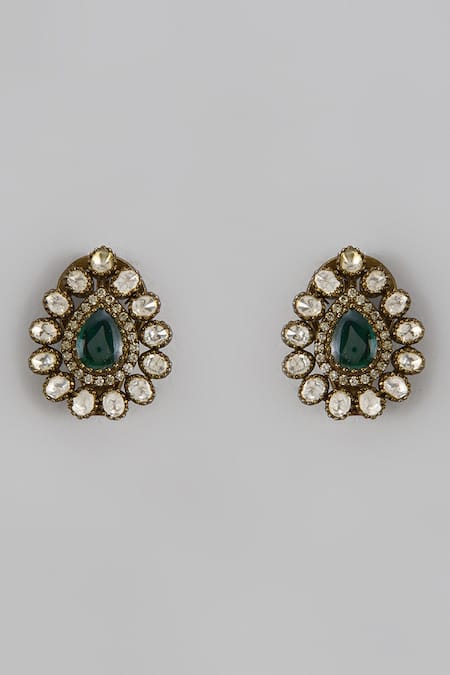 Shop Karisa Designs Green Crystals, Stones, Diamonds Victorian Moissanite Embellished Studs at Aza Fashions Shop_Karisa Designs_Green Crystals, Stones, Diamonds Victorian Moissanite Embellished Studs _at_Aza_Fashions