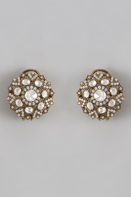 Shop_Karisa Designs_White Crystals, Diamonds Moissanite Floral Motif Stud Earrings _at_Aza_Fashions