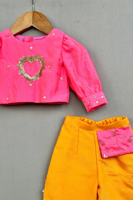 Shop Label Neeti Pink Denim, Cotton Sequins Puffed Sleeve Heart Top And Palazzo Set at Aza Fashions Shop_Label Neeti_Pink Denim, Cotton Sequins Puffed Sleeve Heart Top And Palazzo Set _at_Aza_Fashions