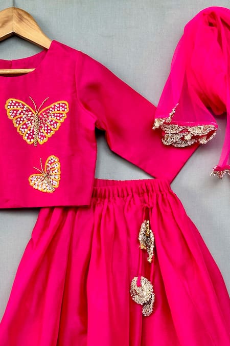 Shop Label Neeti Pink Denim, Cotton Sequins Butterfly Embroidered Blouse And Lehenga Set at Aza Fashions Shop_Label Neeti_Pink Denim, Cotton Sequins Butterfly Embroidered Blouse And Lehenga Set _at_Aza_Fashions