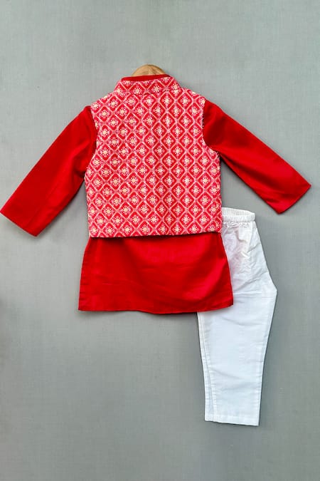 Shop_Label Neeti_Red Georgette, Satin, Jaal Print Bundi Kurta Set _at_Aza_Fashions