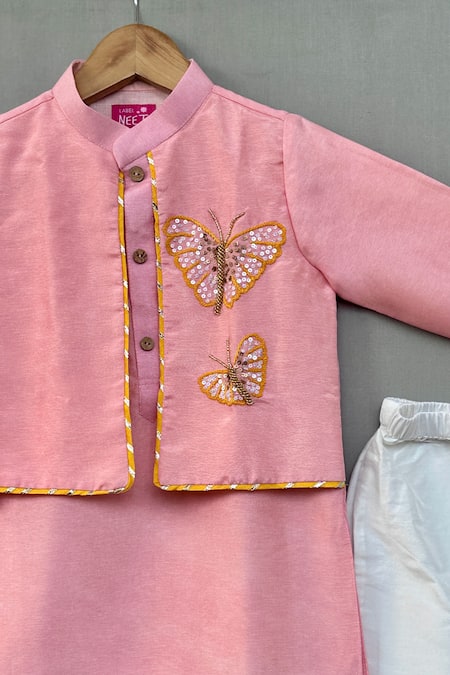 Label Neeti White Cotton, Silk Sequins, Embroidery Pink Butterfly Kurta Set Online at Aza Fashions Label Neeti_White Cotton, Silk Sequins, Embroidery Pink Butterfly Kurta Set _Online_at_Aza_Fashions