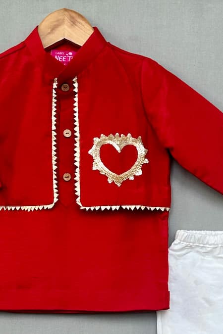 Label Neeti White Cotton, Silk Sequins Red Heart Embroidered Kurta Set Online at Aza Fashions Label Neeti_White Cotton, Silk Sequins Red Heart Embroidered Kurta Set _Online_at_Aza_Fashions