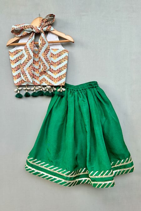 Shop Label Neeti Cream Cotton, Denim Tassels, Gota Patti Chevron Embroidered Blouse And Lehenga Set at Aza Fashions Shop_Label Neeti_Cream Cotton, Denim Tassels, Gota Patti Chevron Embroidered Blouse And Lehenga Set _at_Aza_Fashions