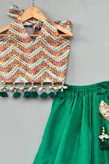 Label Neeti Cream Cotton, Denim Tassels, Gota Patti Chevron Embroidered Blouse And Lehenga Set Online at Aza Fashions Label Neeti_Cream Cotton, Denim Tassels, Gota Patti Chevron Embroidered Blouse And Lehenga Set _Online_at_Aza_Fashions