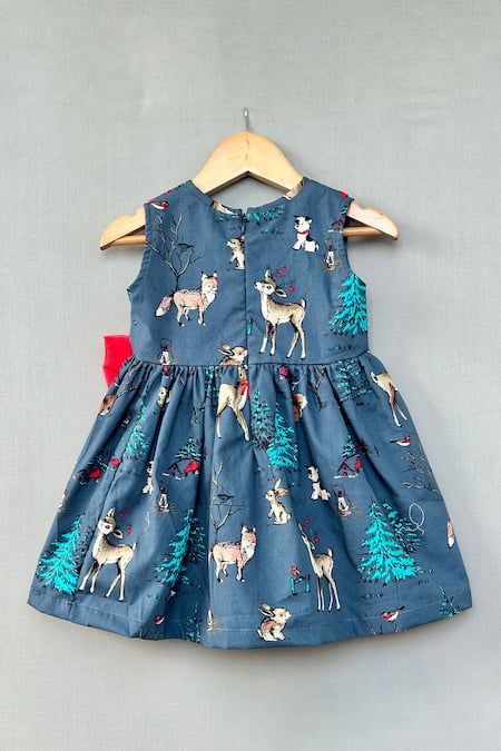 Shop Label Neeti Gray Cotton, Organza Bows Grey Woodland Print Dress With at Aza Fashions Shop_Label Neeti_Gray Cotton, Organza Bows Grey Woodland Print Dress With _at_Aza_Fashions