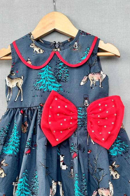 Label Neeti Gray Cotton, Organza Bows Grey Woodland Print Dress With Online at Aza Fashions Label Neeti_Gray Cotton, Organza Bows Grey Woodland Print Dress With _Online_at_Aza_Fashions