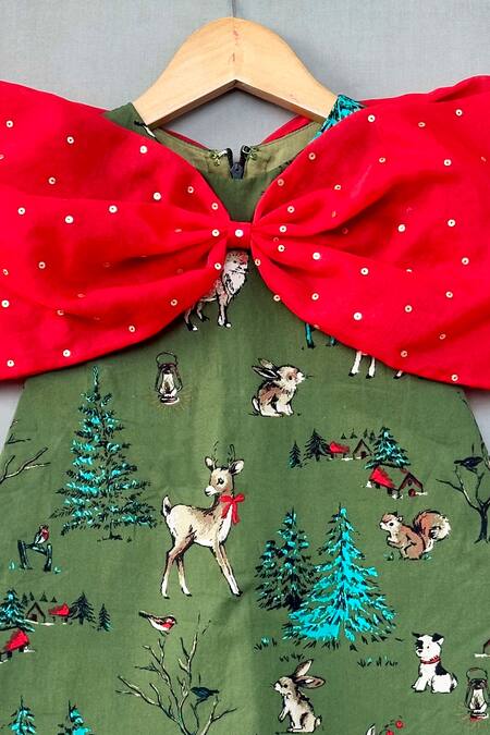 Label Neeti_Green Cotton, Organza Bows Woodland Print Dress With Sequin _Online_at_Aza_Fashions