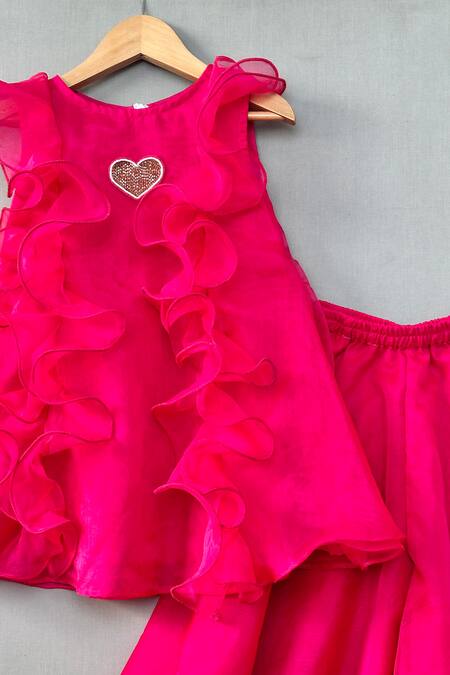 Label Neeti Pink Organza, Cotton Sequins Heart Embroidered Ruffled Top And Palazzo Pant Online at Aza Fashions Label Neeti_Pink Organza, Cotton Sequins Heart Embroidered Ruffled Top And Palazzo Pant _Online_at_Aza_Fashions