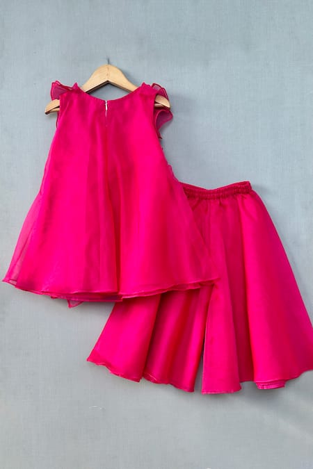 Shop Label Neeti Pink Organza, Cotton Sequins Heart Embroidered Ruffled Top And Palazzo Pant at Aza Fashions Shop_Label Neeti_Pink Organza, Cotton Sequins Heart Embroidered Ruffled Top And Palazzo Pant _at_Aza_Fashions