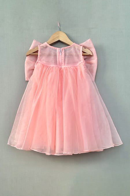 Shop Label Neeti Peach Organza, Lining Cotton Sequin Bow Embellished Dress at Aza Fashions Shop_Label Neeti_Peach Organza, Lining Cotton Sequin Bow Embellished Dress _at_Aza_Fashions