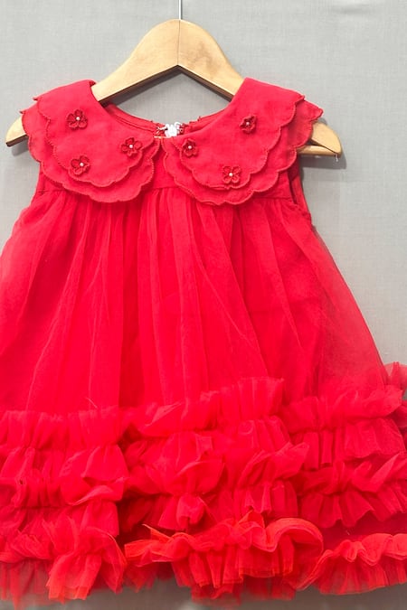Label Neeti_Red Organza, Net, Lining Cotton Bloom Ruffled Tulle Dress _Online_at_Aza_Fashions