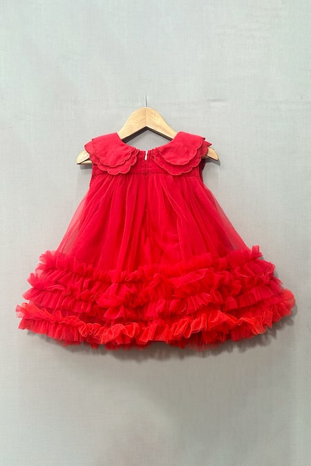 Shop_Label Neeti_Red Organza, Net, Lining Cotton Bloom Ruffled Tulle Dress _at_Aza_Fashions