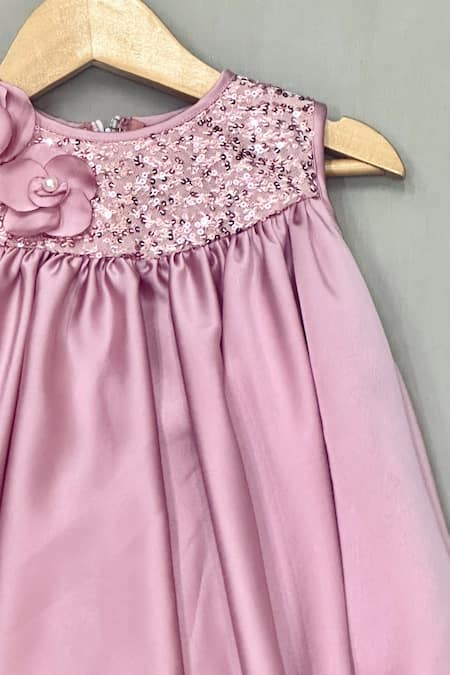 Label Neeti Pink Silk Satin, Cotton Sequins, Fabric Flowers Floral Embroidered Dress Online at Aza Fashions Label Neeti_Pink Silk Satin, Cotton Sequins, Fabric Flowers Floral Embroidered Dress _Online_at_Aza_Fashions