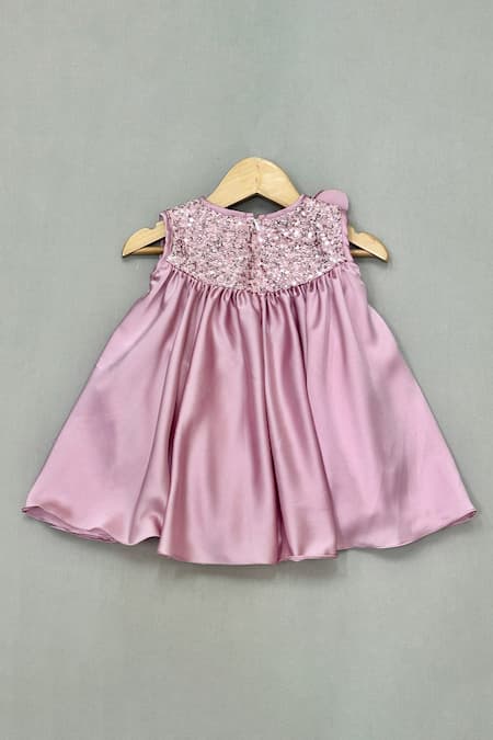 Shop Label Neeti Pink Silk Satin, Cotton Sequins, Fabric Flowers Floral Embroidered Dress at Aza Fashions Shop_Label Neeti_Pink Silk Satin, Cotton Sequins, Fabric Flowers Floral Embroidered Dress _at_Aza_Fashions