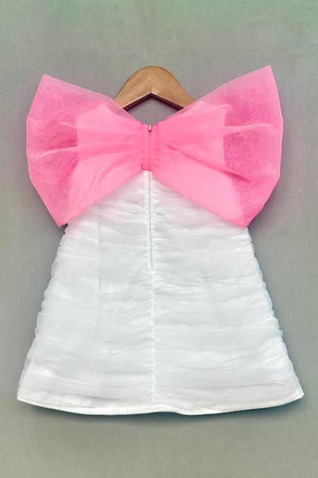 Shop_Label Neeti_White Organza, Net, Lining Cotton Sequin Ruched Bow Dress _at_Aza_Fashions