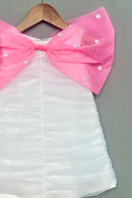 Label Neeti_White Organza, Net, Lining Cotton Sequin Ruched Bow Dress _Online_at_Aza_Fashions